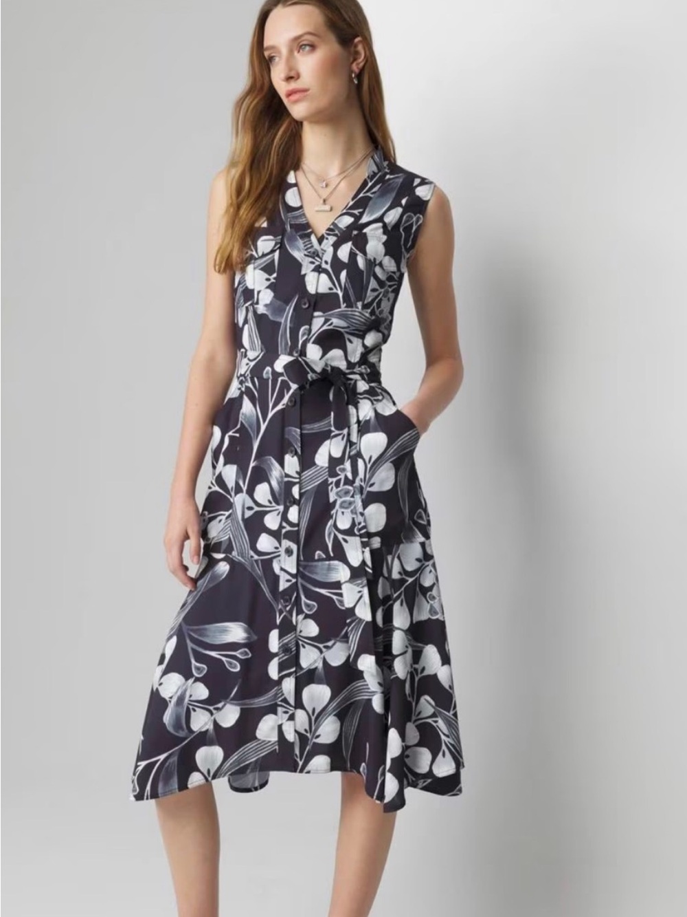 WHBM Brand New Utility Shirt Sleeveless Navy & White Floral Wrap Midi Dress